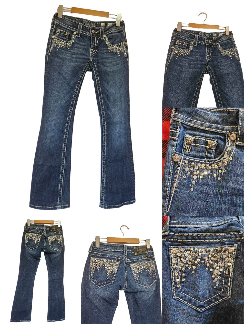Miss Me Buckle Exclusive Sequin Stud Fringe Bootcut Jeans Sz 25, Y2K Embellished